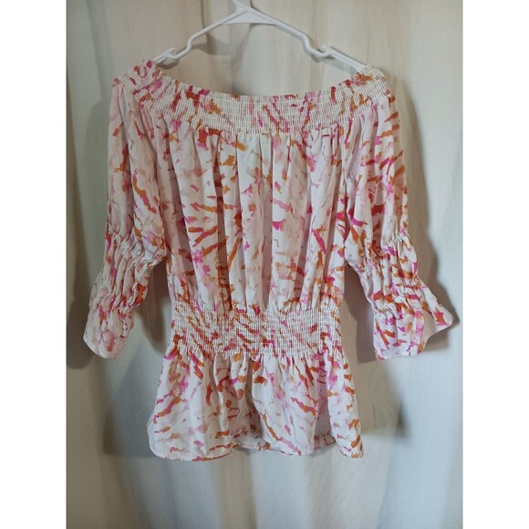 Cabi Size Small 'Drop-Off' Multicolor Terracotta Pink Printed Smocked Blouse Top - Picture 8 of 8